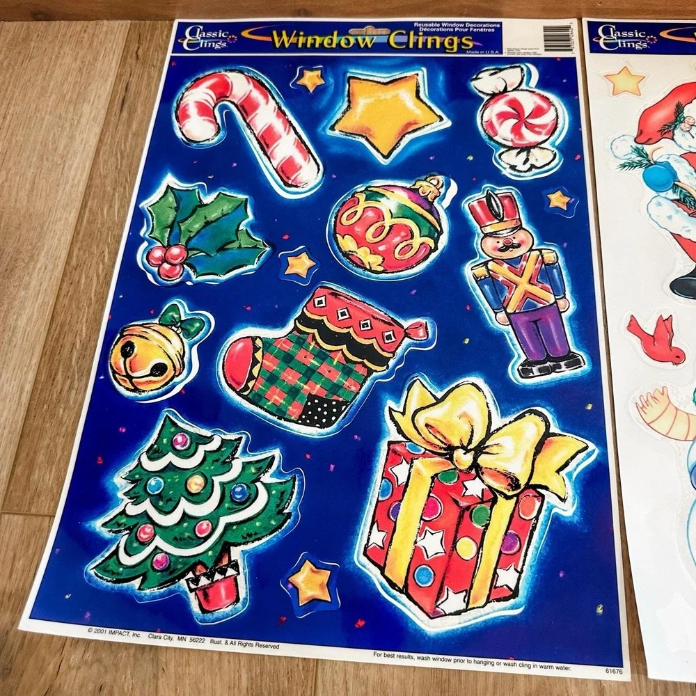 VTG 2000's (2) Christmas‎ Window Clings Decals Santa Snowman Present Candy Cane
